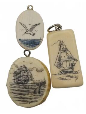 Three Scrimshaw Carved Maritime Art Bone Pendants 1970's